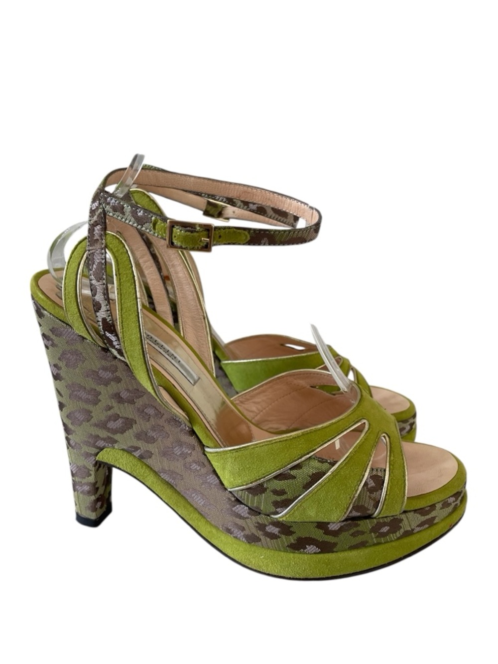 Pollini Platform Heels Green Suede Animal Print Strappy Sandals Block Heel Italy